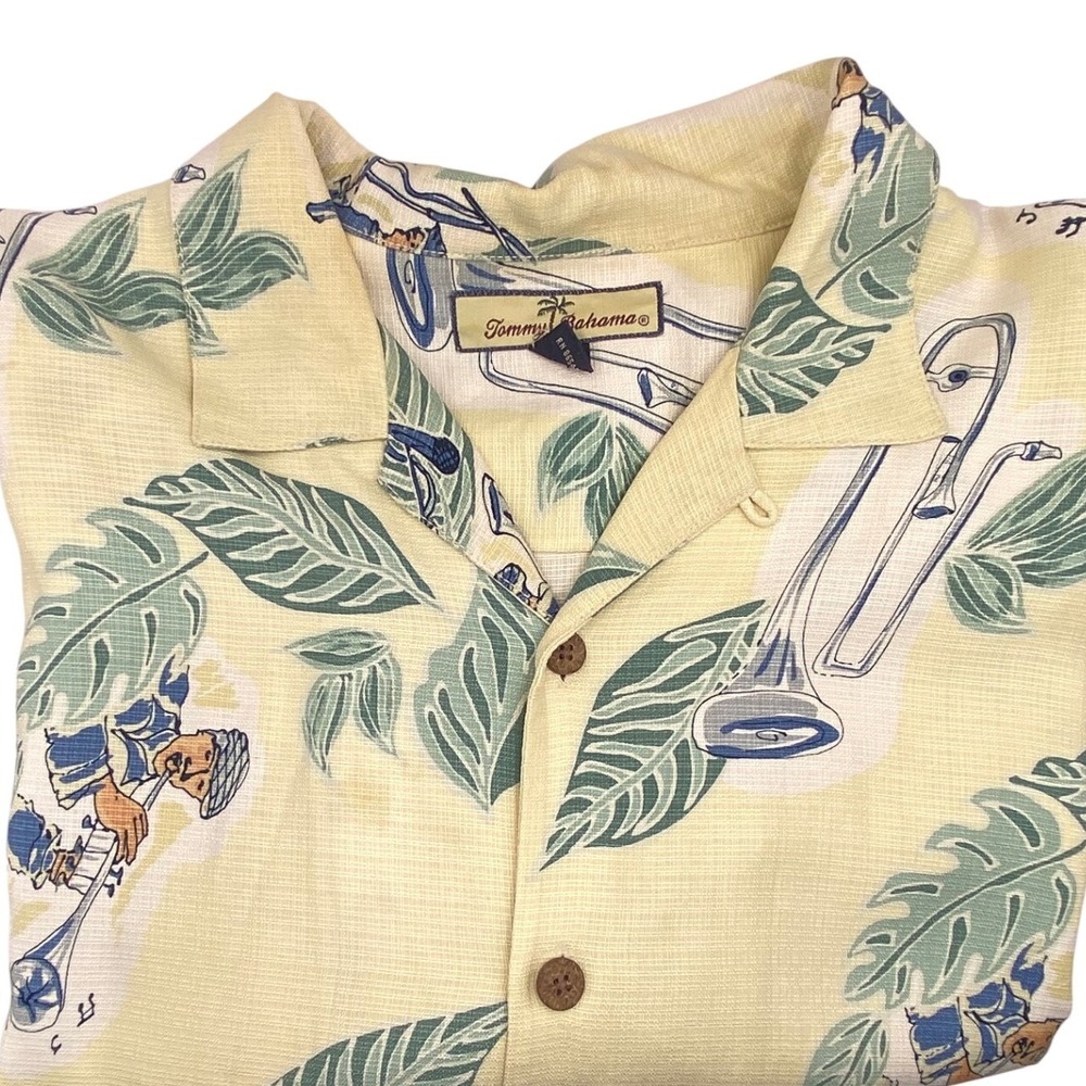 Tommy Bahama Mens Large 100% Silk Jazz Musician Tropical Leaf Button Down Shirt‎